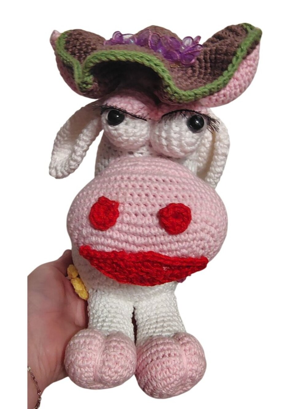 Handmade Crochet Cow, Stuffed Animal Bessie, Flower, Floppy Hat Big Eyelashes